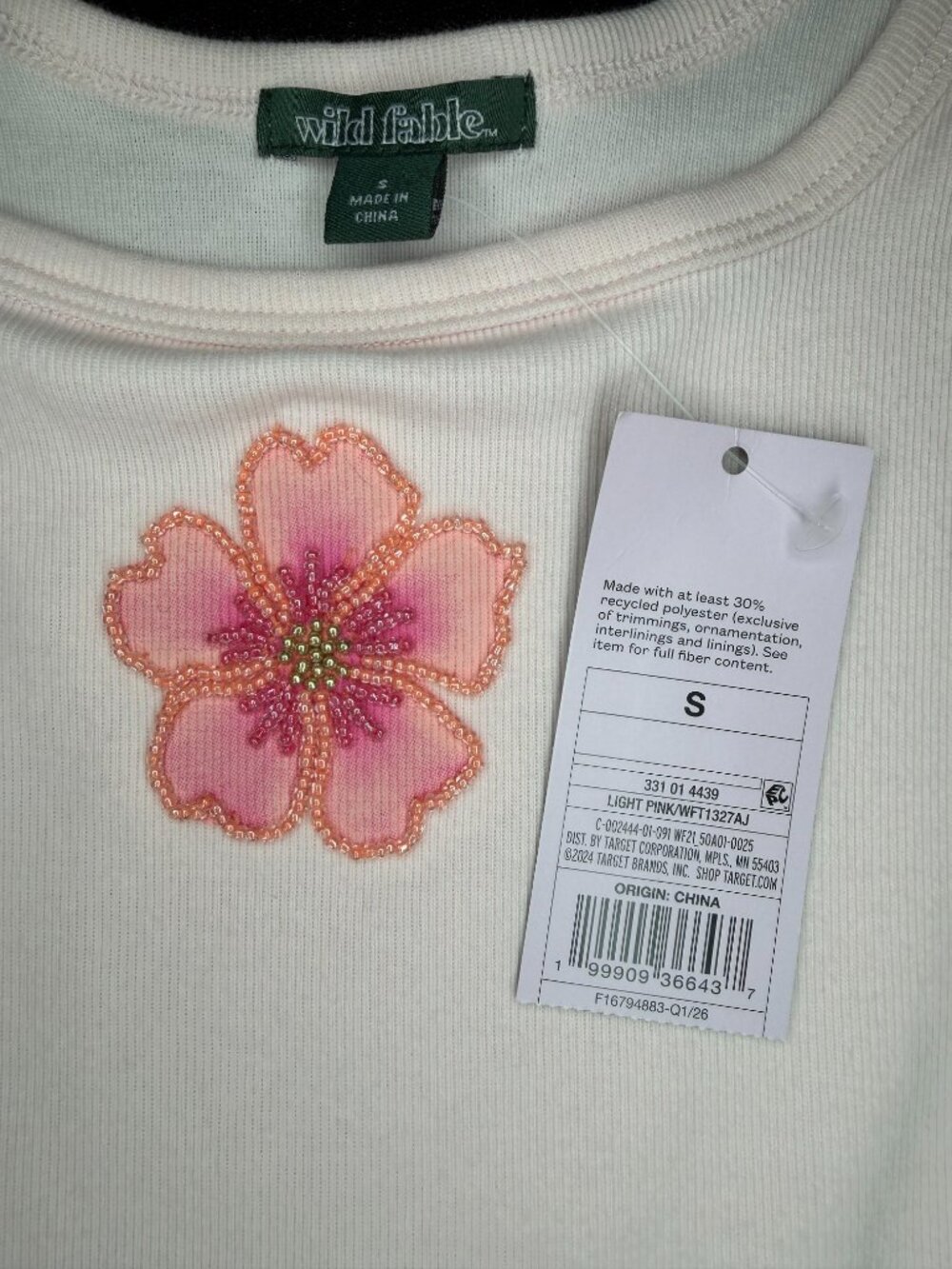 Wild Fable Pink Ribbed Tank Top with Beaded Flower - Picture 4 of 5
